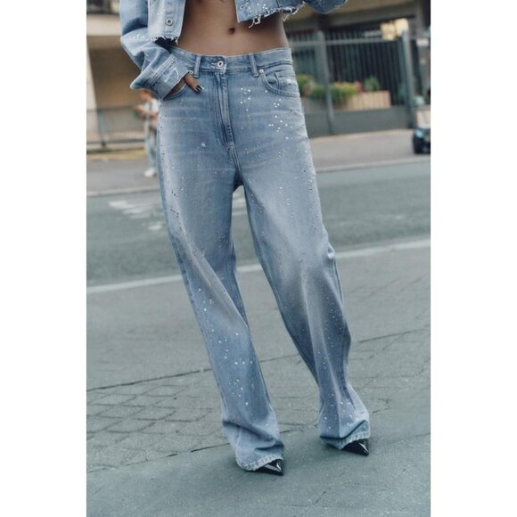 ZARA TRF STRAIGHT-LEG RHINESTONE HIGH-WAIST JEANS - Picture 6 of 8